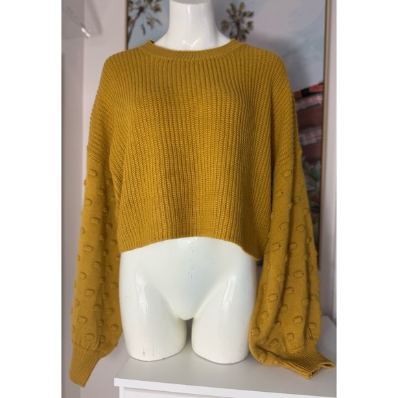 FavLux Mustard Yellow Balloon Sleeve Crew Neck Cropped Knit Sweater Plus Size 1X - Picture 1 of 9